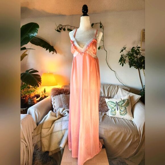 Vintage Pink Satin Skirt Lace Slip 70s Nighty  Dress Sexy Cottagecore Maxi - Picture 1 of 4